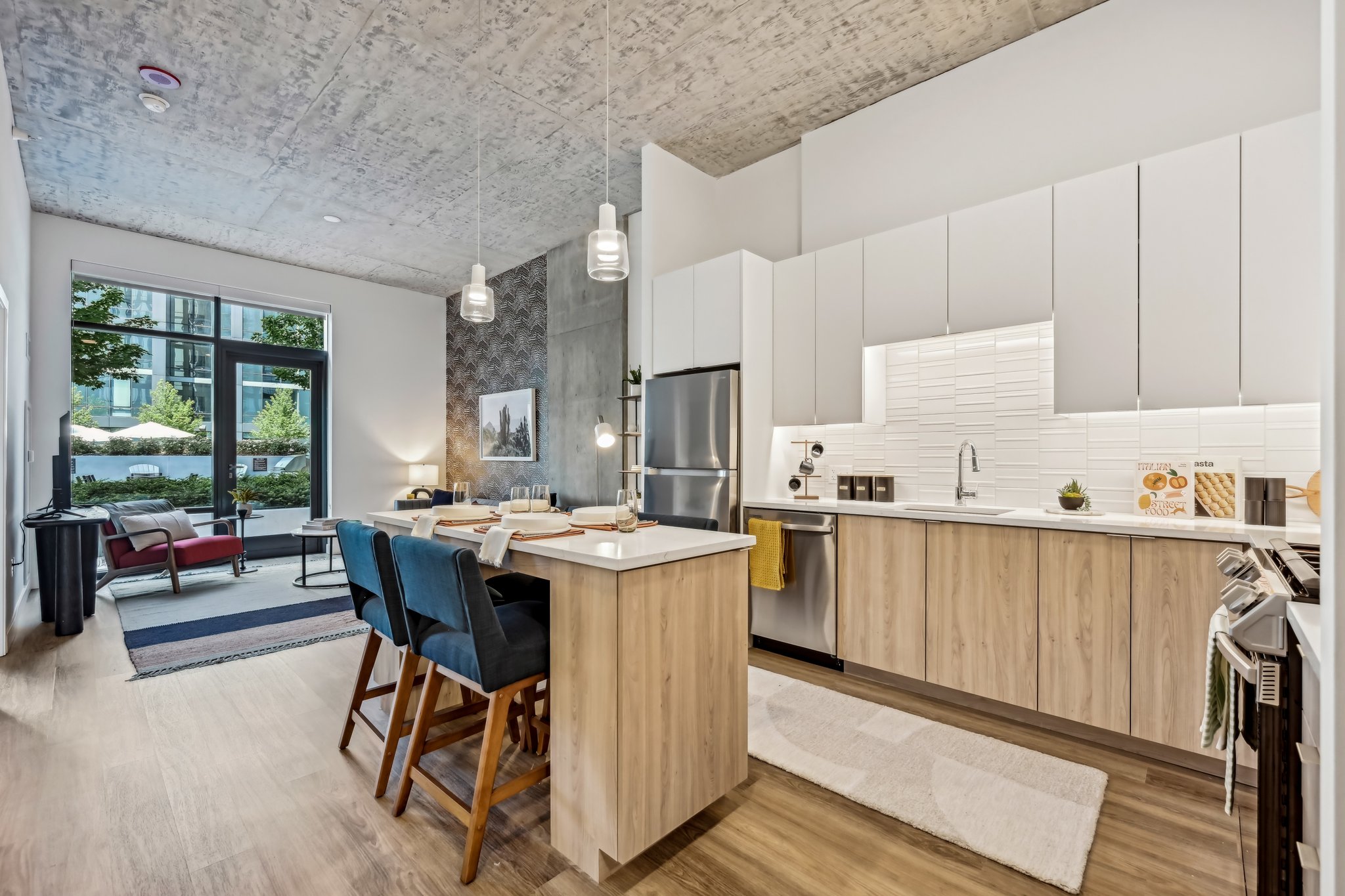 Solverre Apartments Living room rendering with view of Lake Michigan