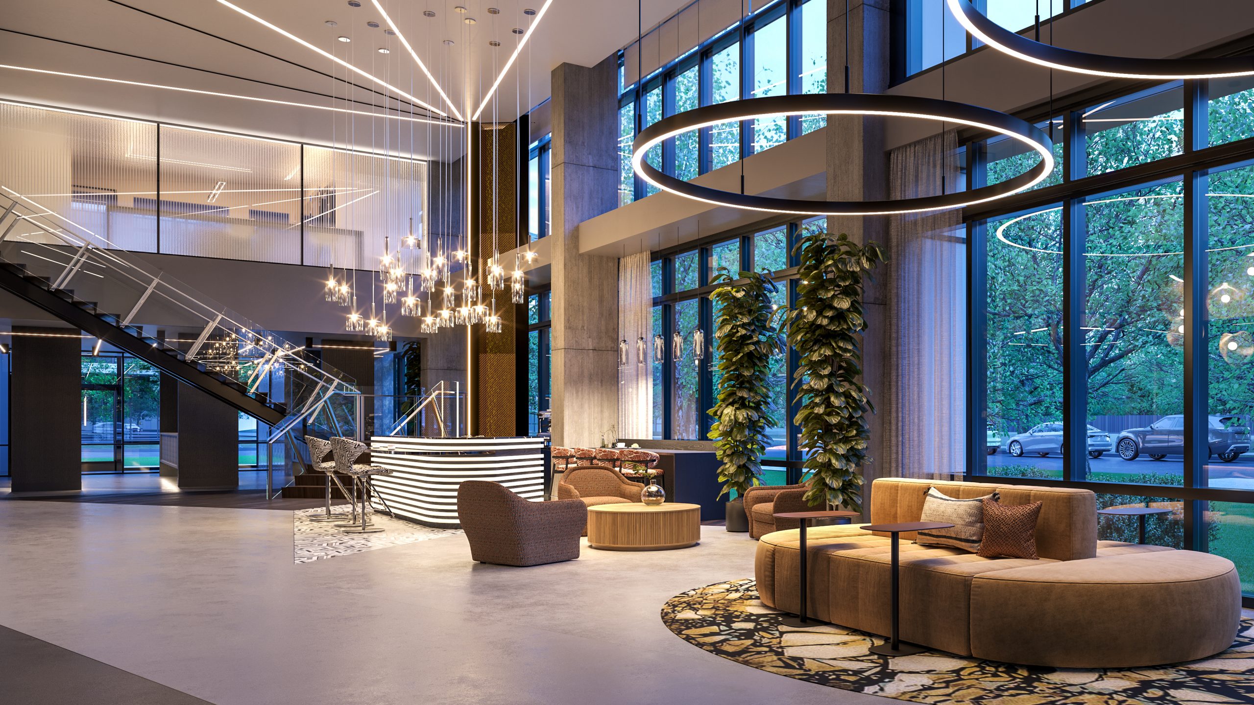 Solverre Apartments Main lobby rendering, designer furnishings